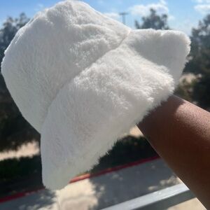 White Faux Fur Bucket Hat